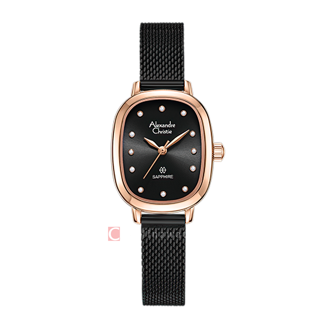 Jam Tangan Alexandre Christie AC 2B40 LHBBRBA Sapphire Women Black Dial Black Mesh Stainless Steel Strap