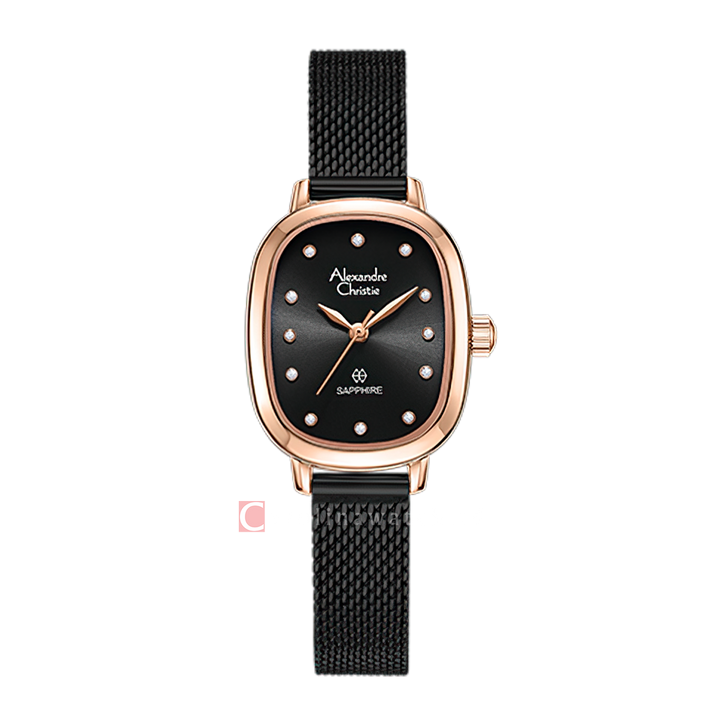 Jam Tangan Alexandre Christie AC 2B40 LHBBRBA Sapphire Women Black Dial Black Mesh Stainless Steel Strap