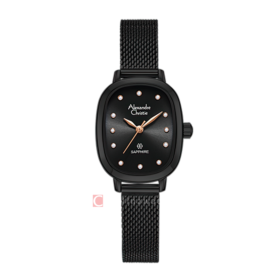 Jam Tangan Alexandre Christie AC 2B40 LHBIPBARG Sapphire Women Black Dial Black Mesh Stainless Steel Strap