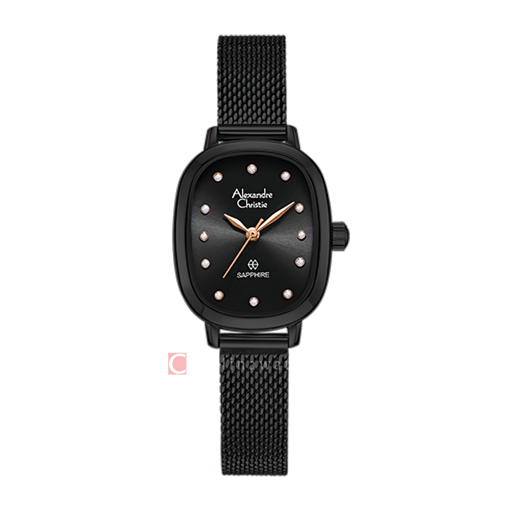 Jam Tangan Alexandre Christie AC 2B40 LHBIPBARG Sapphire Women Black Dial Black Mesh Stainless Steel Strap