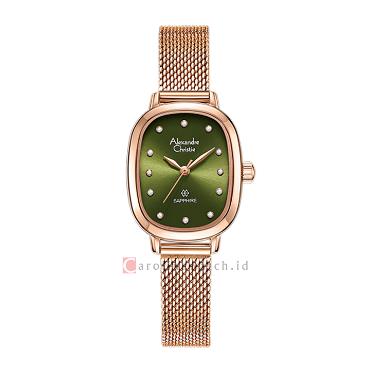 Jam Tangan Alexandre Christie AC 2B40 LHBRGGN Sapphire Women Green Dial Rose Gold Mesh Stainless Steel Strap