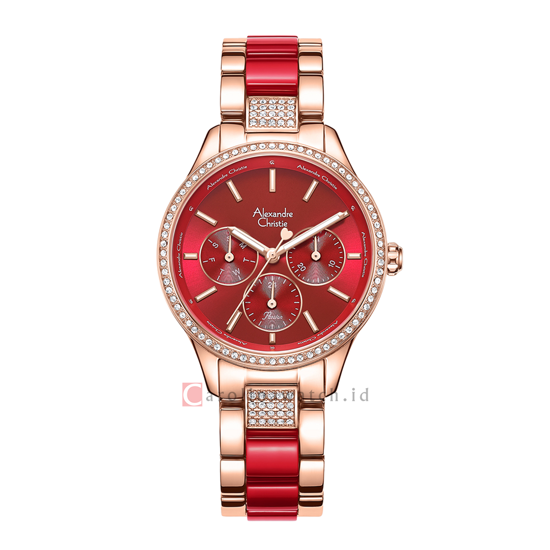 Jam Tangan Alexandre Christie Multifunction AC 2B41 BFBRGRE Women Red Dial Dual Tone Stainless Steel Strap