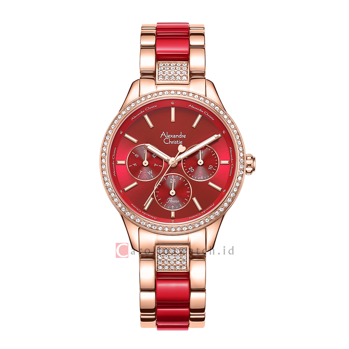 Jam Tangan Alexandre Christie Multifunction AC 2B41 BFBRGRE Women Red Dial Dual Tone Stainless Steel Strap