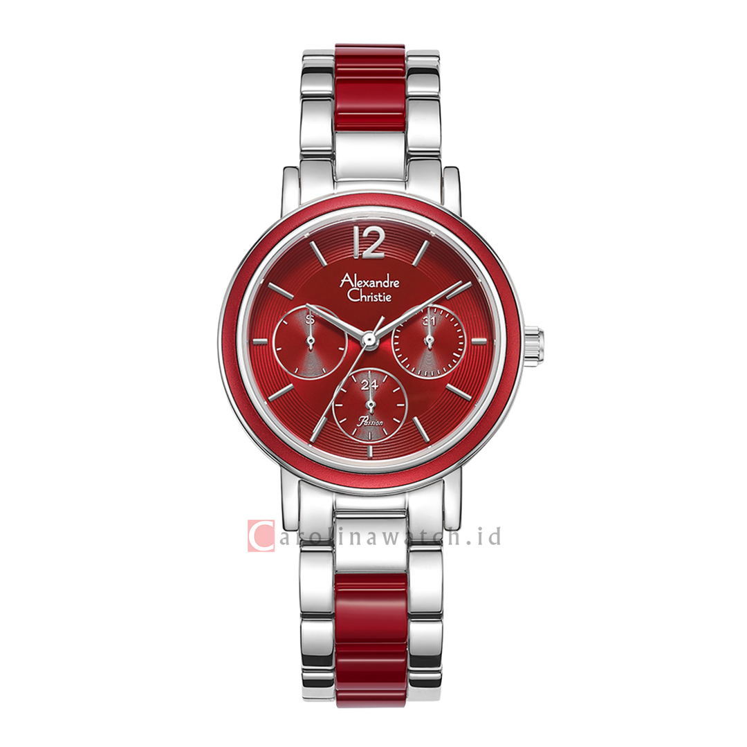 Jam Tangan Alexandre Christie Multifunction AC 2B45 BFBSSRE Women Red Dial Silver Dual Tone Stainless Steel Strap