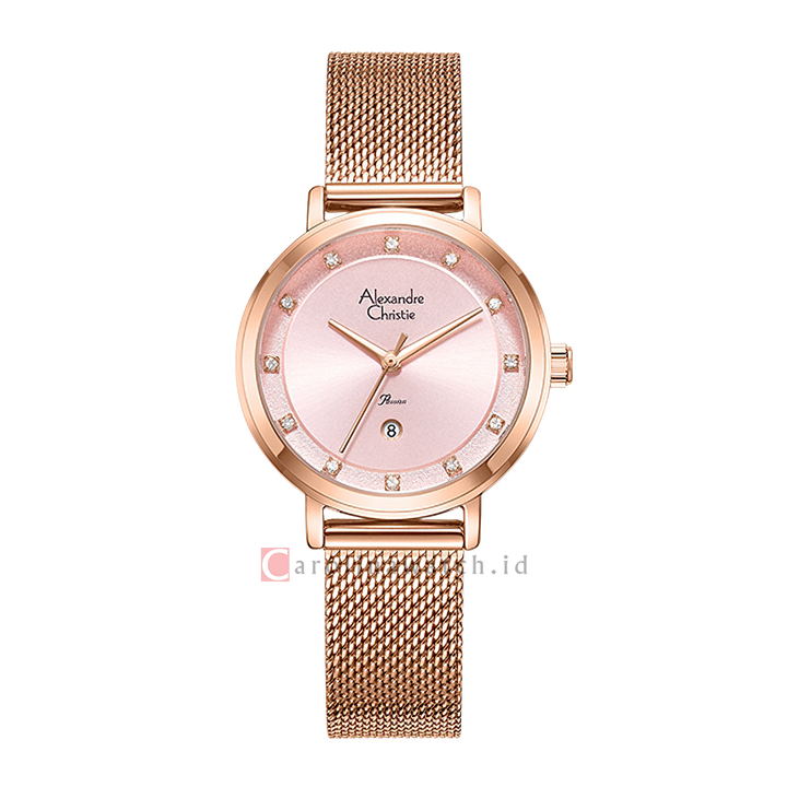 Jam Tangan Alexandre Christie Passion AC 2B46 LDBRGPN Women Pink Dial Rose Gold Mesh Stainless Steel Strap