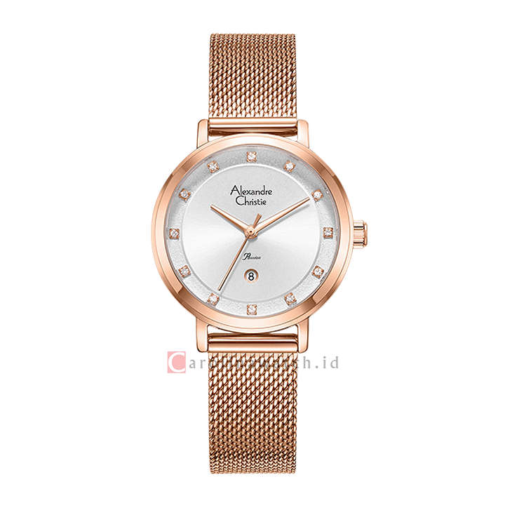 Jam Tangan Alexandre Christie Passion AC 2B46 LDBRGSL Women Silver Dial Rose Gold Mesh Stainless Steel Strap