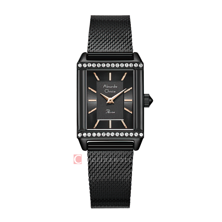 Jam Tangan Alexandre Christie Passion AC 2B57 LHBIPDGRG Women Black Dial Black Mesh Stainless Steel Strap