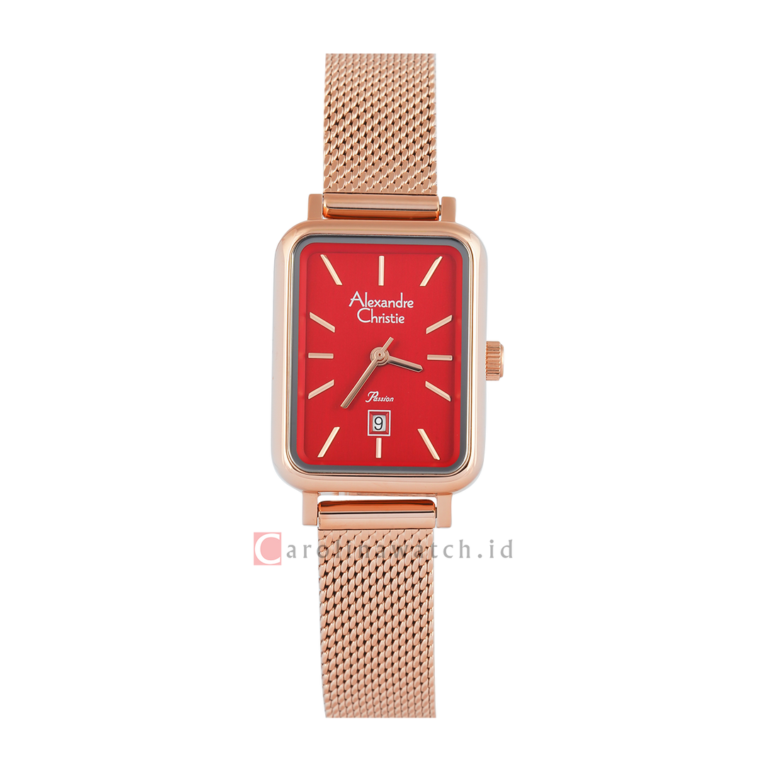 Jam Tangan Alexandre Christie Passion AC 2B60 LDBRGRE Women Red Dial Rose Gold Mesh Stainless Steel Strap