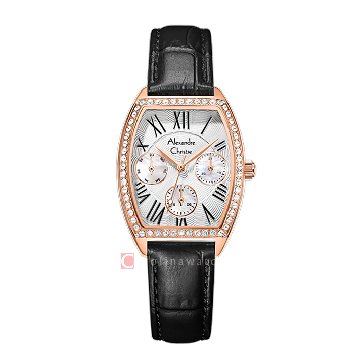 Jam Tangan Alexandre Christie AC 2B86 BFLRGSLBA Women Silver White Dial Black Leather Strap