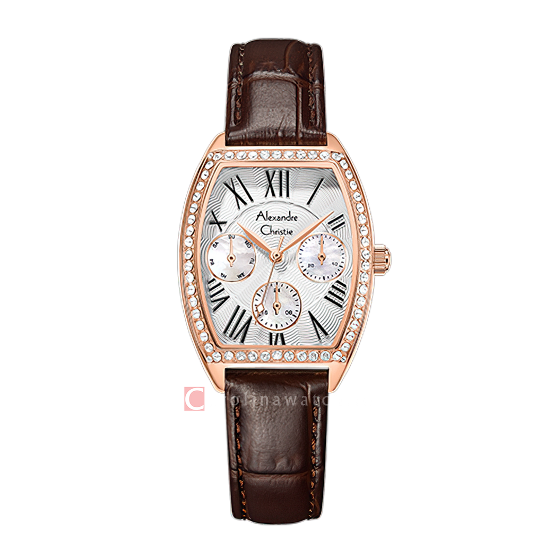 Jam Tangan Alexandre Christie AC 2B86 BFLRGSLBO Women Silver White Dial Brown Leather Strap