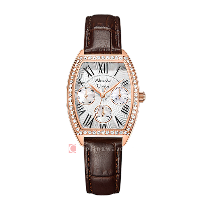 Jam Tangan Alexandre Christie AC 2B86 BFLRGSLBO Women Silver White Dial Brown Leather Strap
