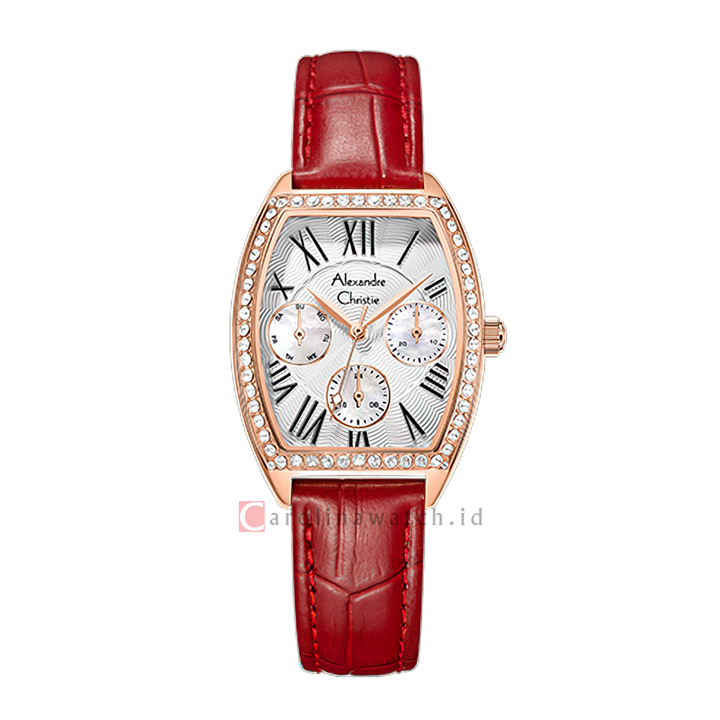 Jam Tangan Alexandre Christie AC 2B86 BFLRGSLRE Women Silver White Dial Red Leather Strap