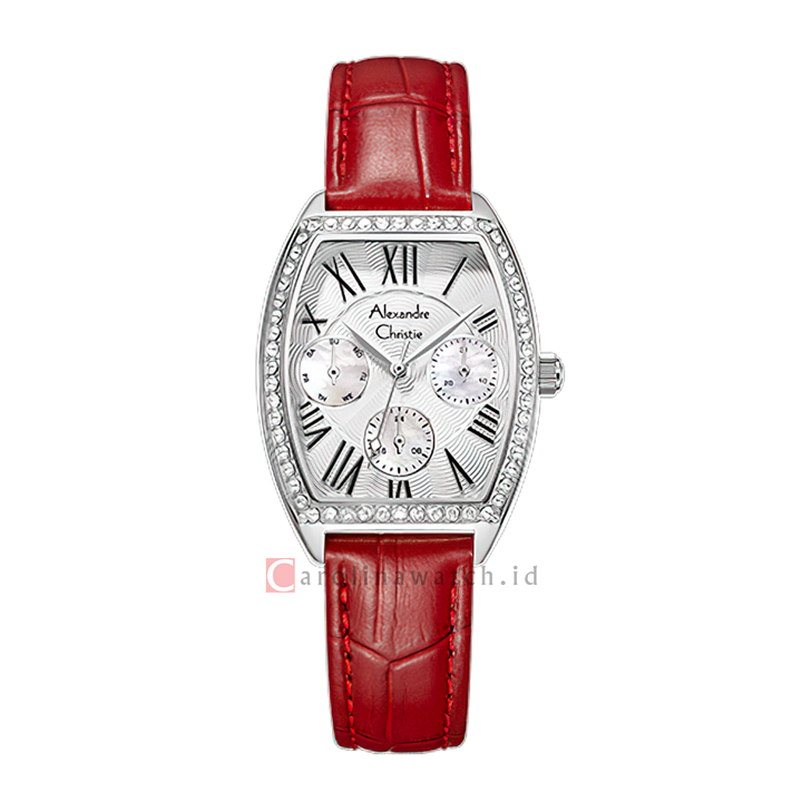 Jam Tangan Alexandre Christie AC 2B86 BFLSSSLRE Women Silver White Dial Red Leather Strap