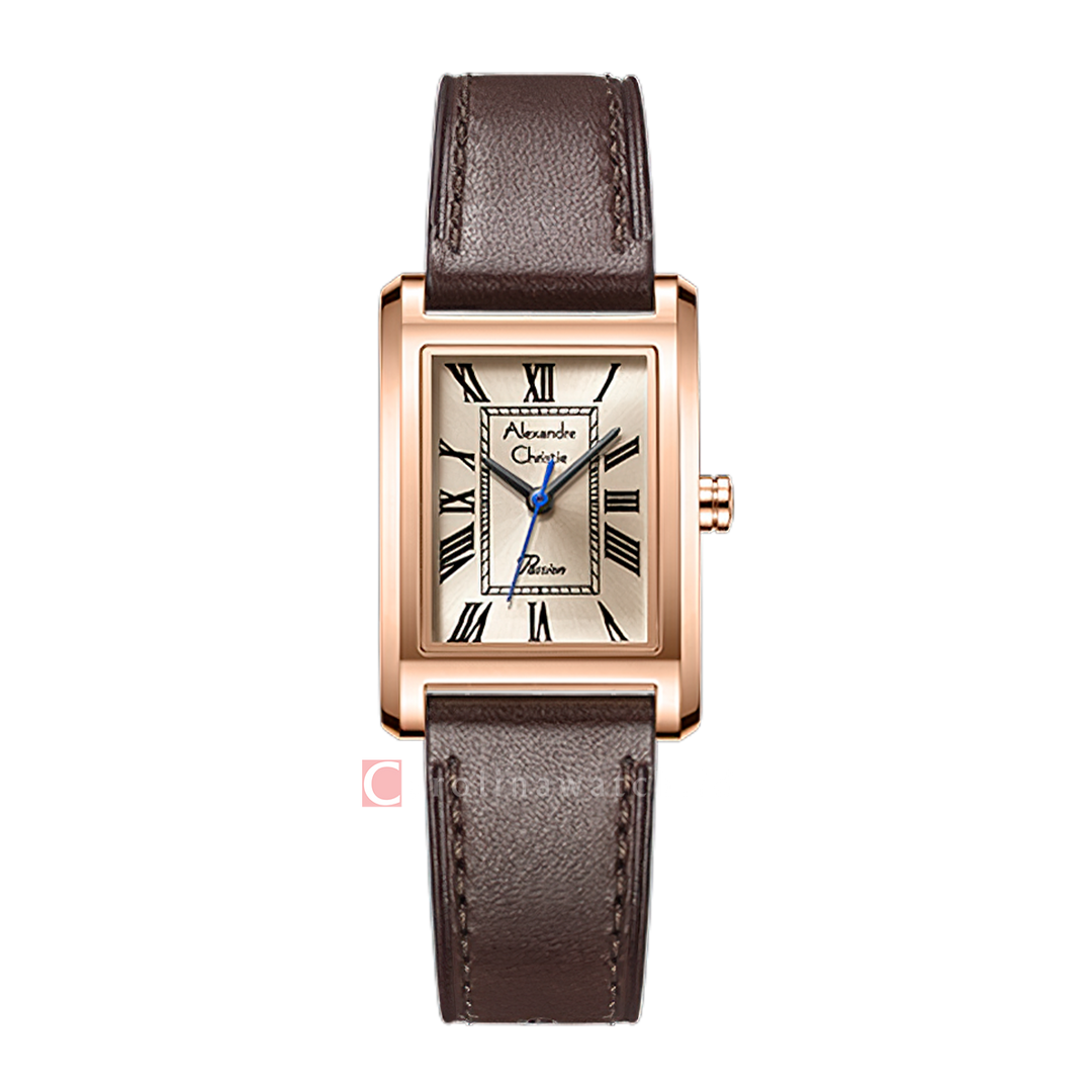 Jam Tangan Alexandre Christie Passion AC 2B98 LHLRGLN Women Gold Dial Brown Leather Strap