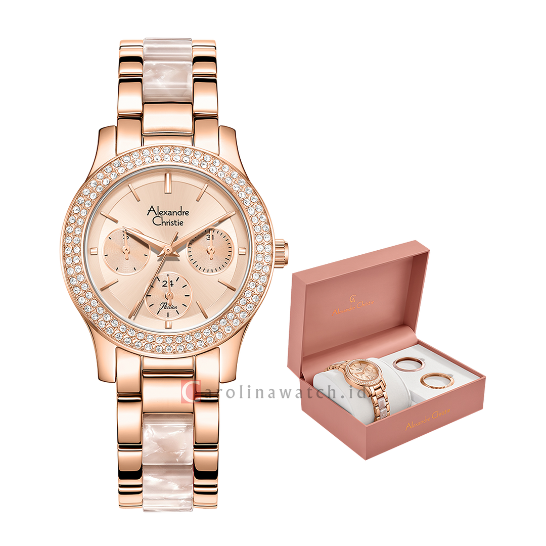 Jam Tangan Alexandre Christie Passion AC 2C02 BFBRGRGPN Women Rose Gold Dial Dual Tone Stainless Steel Strap