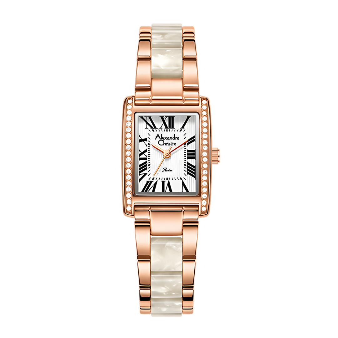 Jam Tangan Alexandre Christie AC 2C03 LHBRGSL Women Silver White Dial Dual Tone Stainless Steel Strap