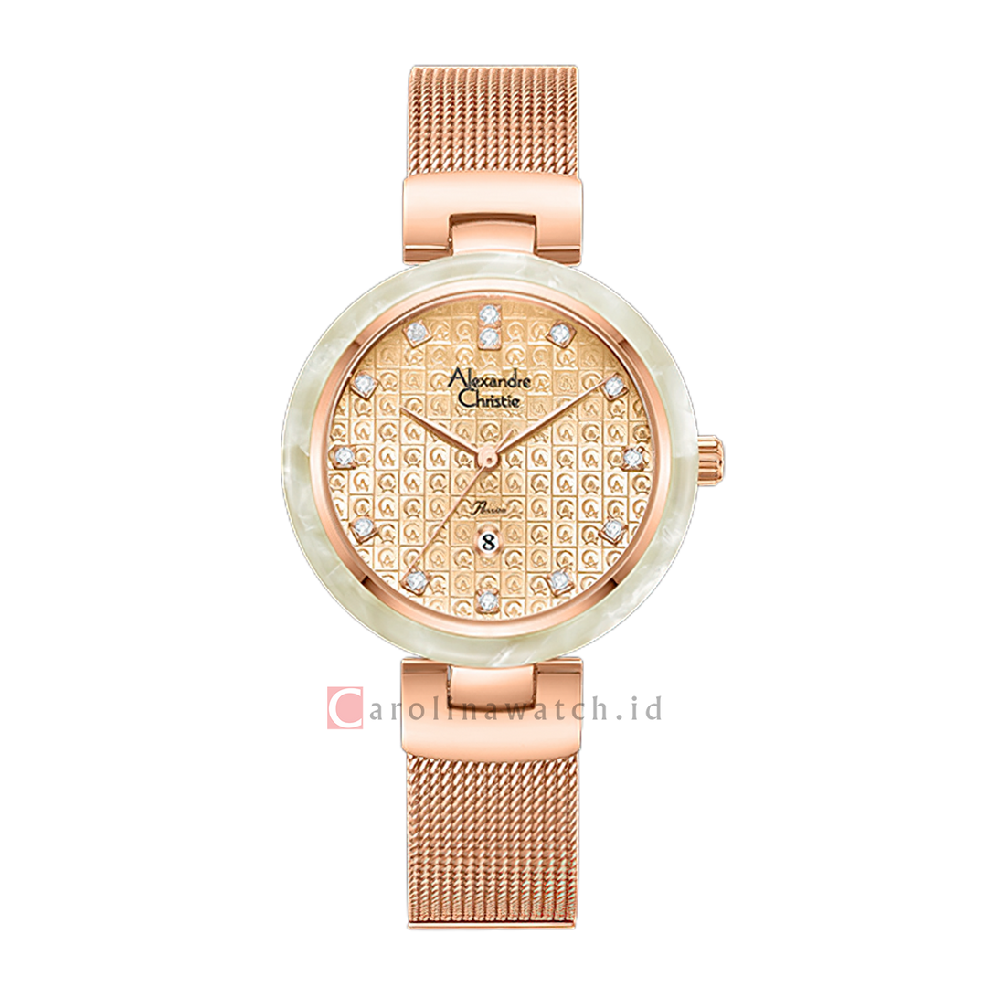 Jam Tangan Alexandre Christie Passion AC 2C07 LDBRGLNGN Women Gold Dial Rose Gold Stainless Steel Mesh Strap