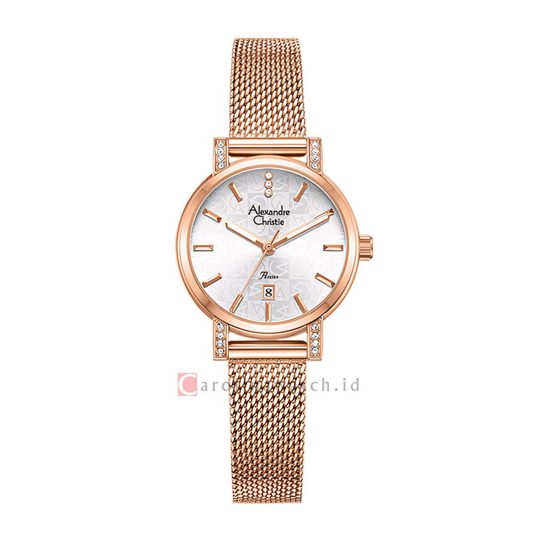 Jam Tangan Alexandre Christie Passion AC 2C20 LDBRGSL Women Silver White Dial Rose Gold Mesh Stainless Steel Strap