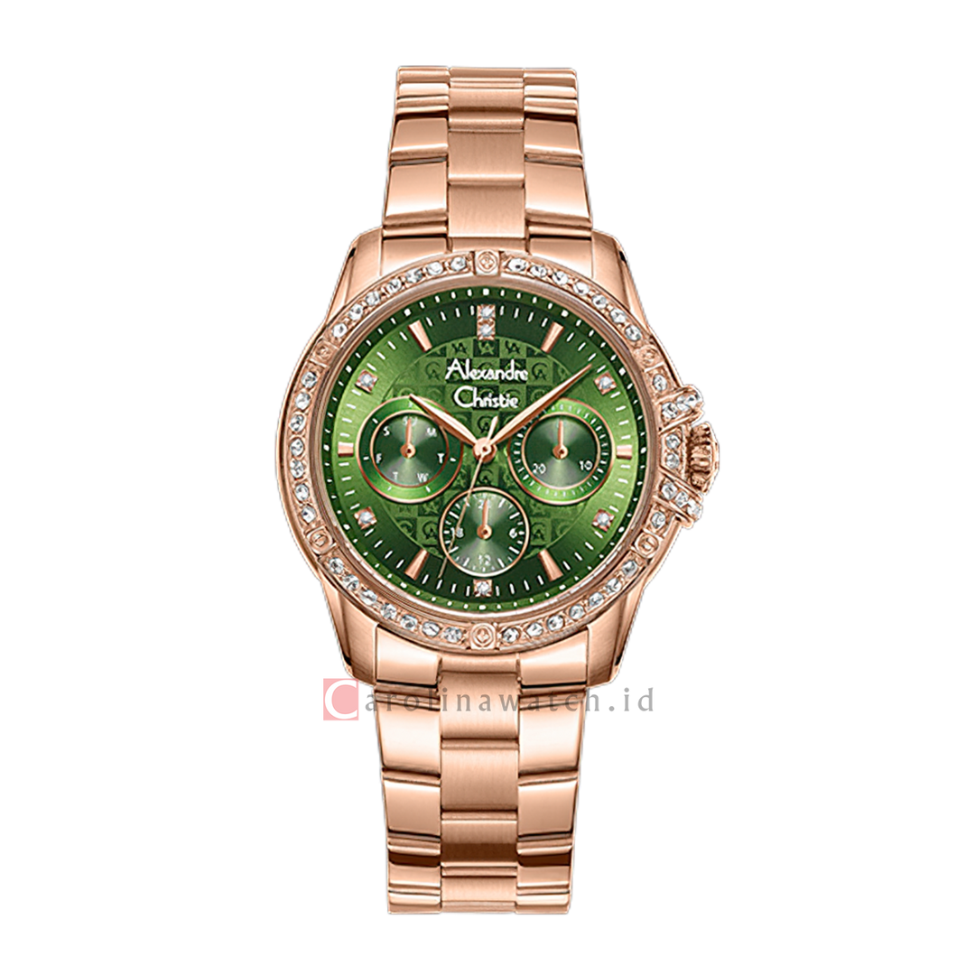 Jam Tangan Alexandre Christie AC 2C26 BFFRGGN Women Green Dial Rose Gold Stainless Steel Strap