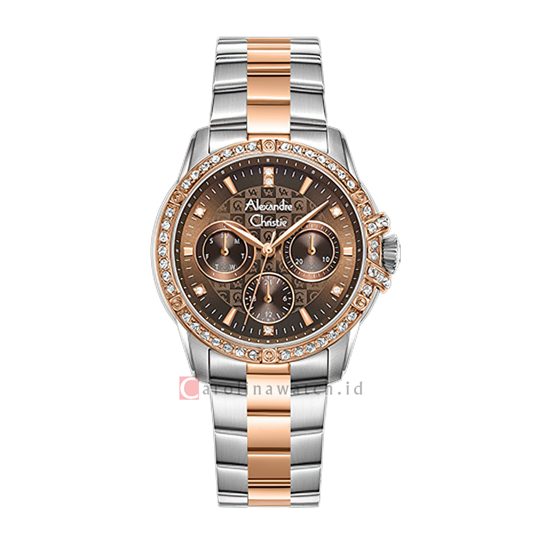 Jam Tangan Alexandre Christie AC 2C26 BFFTRBO Women Brown Dial Dual Tone Stainless Steel Strap