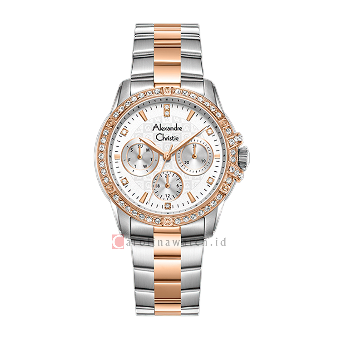Jam Tangan Alexandre Christie AC 2C26 BFFTRSL Women Silver White Dial Dual Tone Stainless Steel Strap