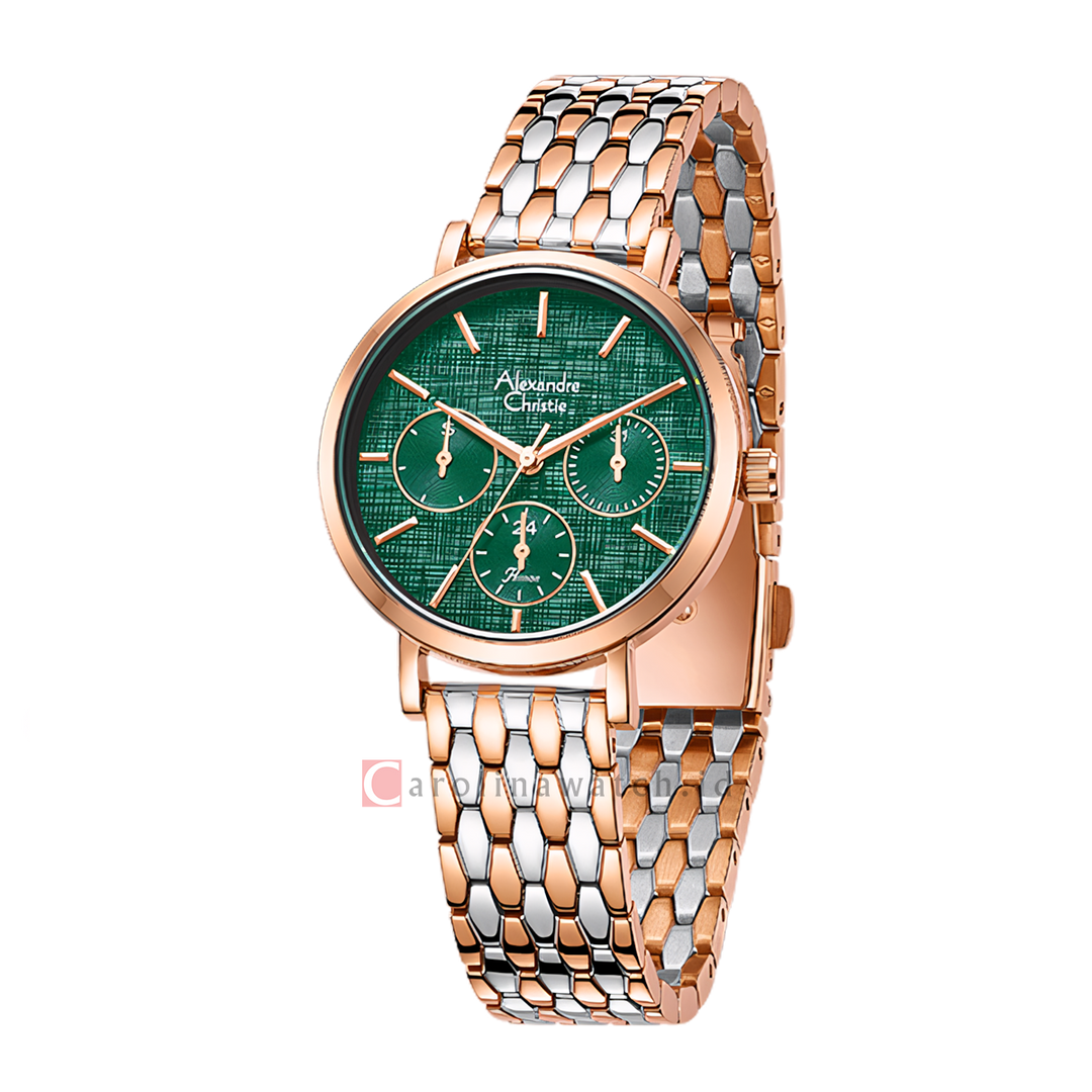Jam Tangan Alexandre Christie Passion AC 2C33 BFBTRGN Women Green Dial Dual Tone Mesh Stainless Steel Strap