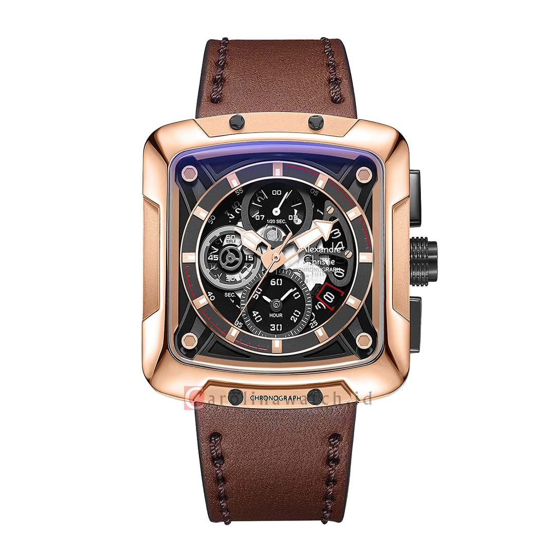 Jam Tangan Alexandre Christie Chronograph AC 3030 GCLBRBA Men Black Dial Brown Leather Strap