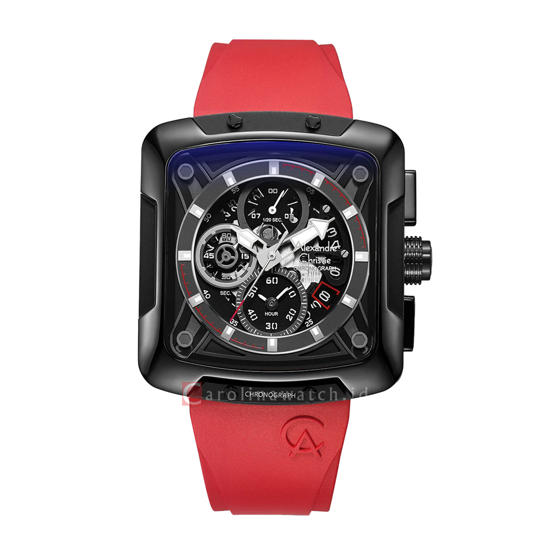 Jam Tangan Alexandre Christie Chronograph AC 3030 GCRIPBARE Men Black Dial Red Leather Strap