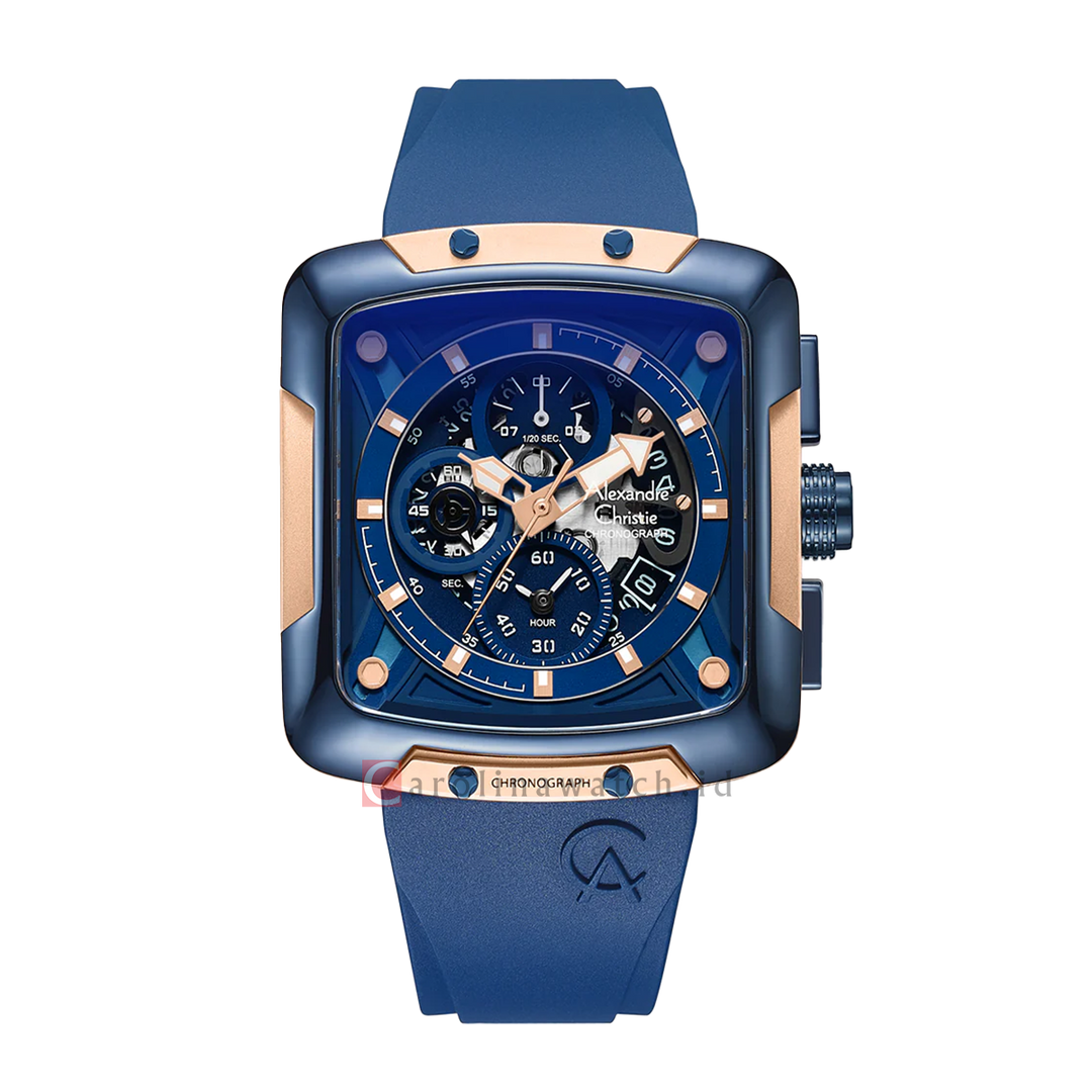 Jam Tangan Alexandre Christie Chronograph AC 3039 GCRURBU Men Blue Dial Blue Rubber Strap