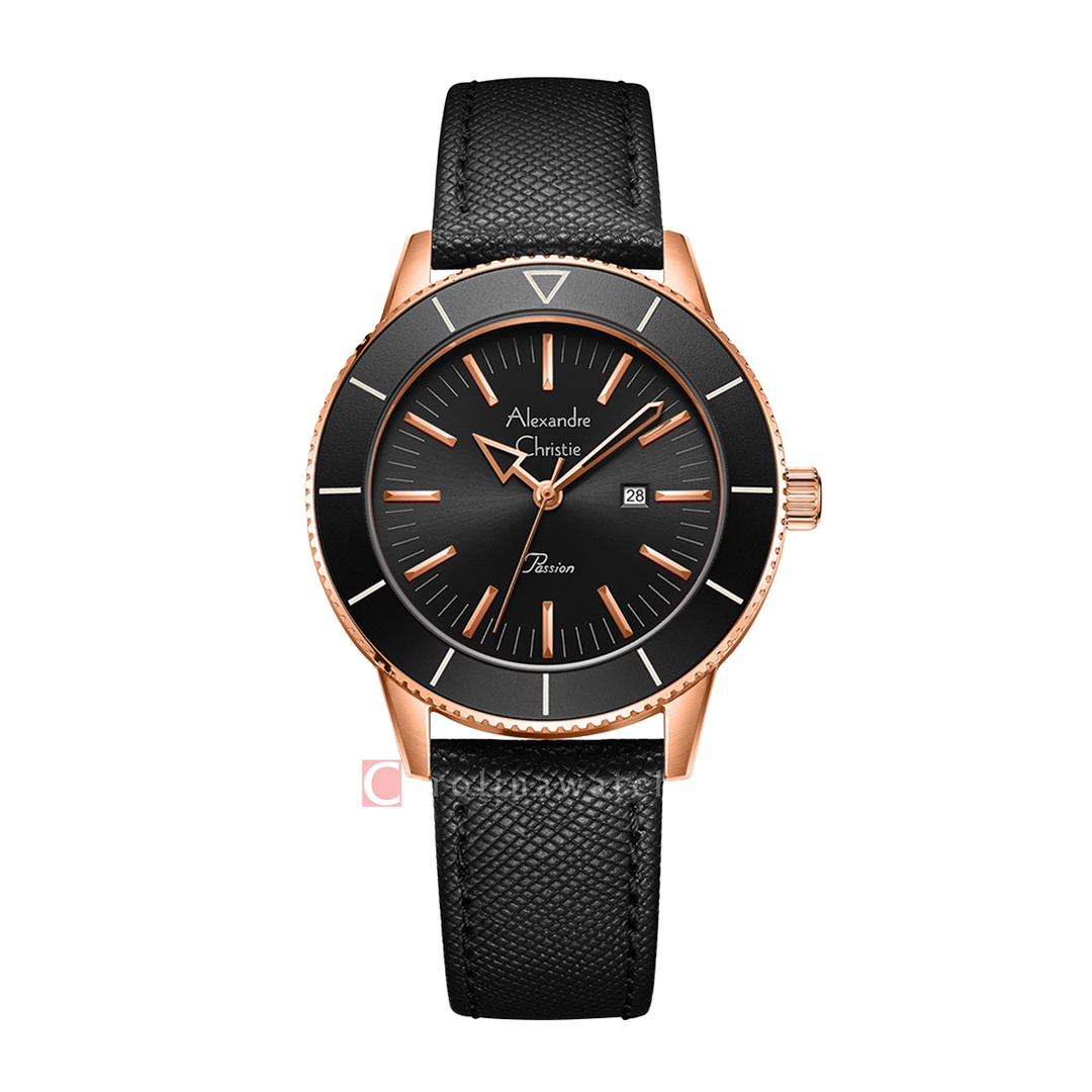 Jam Tangan Alexandre Christie Passion AC 5002 LDLRGBA Women Black Dial Black Leather Strap