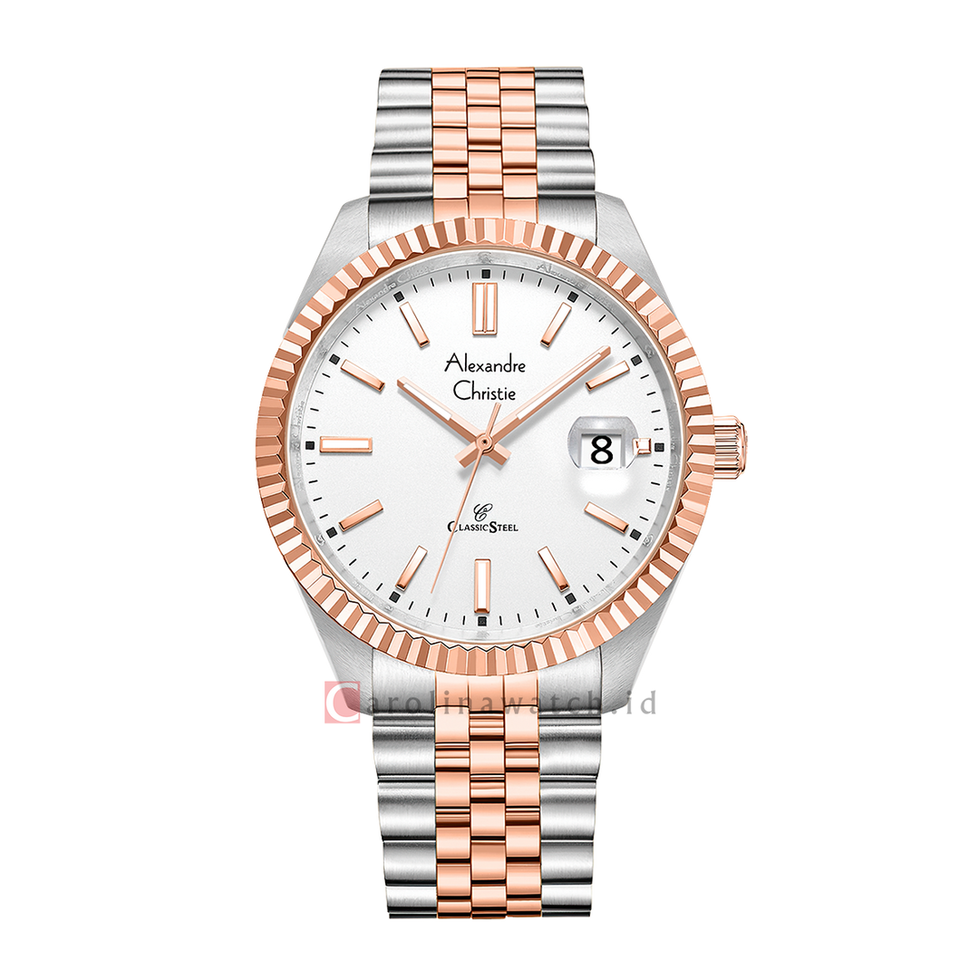 Jam Tangan Alexandre Christie Classic Steel AC 5002 MDBTRSL Men Silver White Dial Dual Tone Stainless Steel Strap