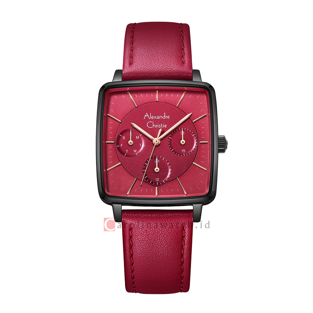 Jam Tangan Alexandre Christie Multifunction AC 5003 BFLIPRE Women Red Dial Red Leather Strap