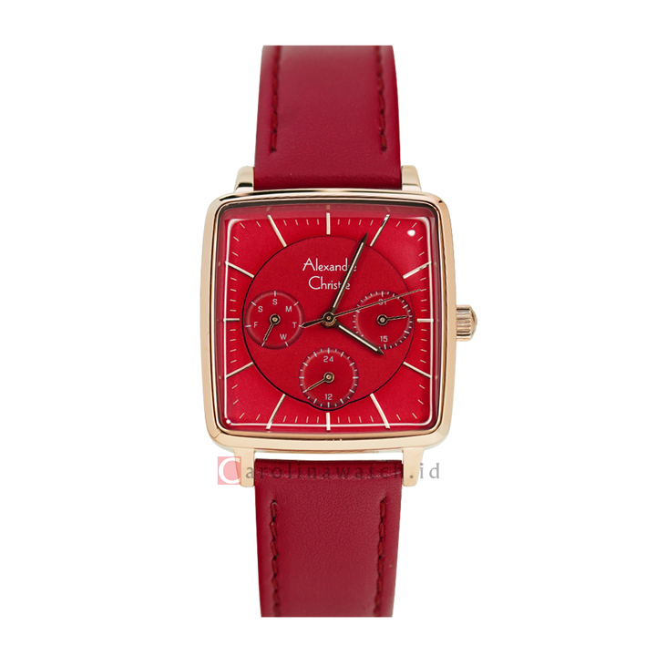 Jam Tangan Alexandre Christie Multifunction AC 5003 BFLRGRE Women Red Dial Red Leather Strap