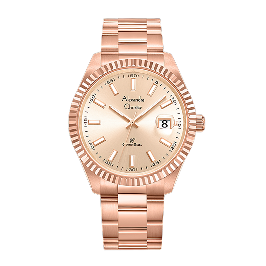 Jam Tangan Alexandre Christie Classic Steel AC 5007 MDBRGRG Men Rose Gold Dial Rose Gold Stainless Steel Strap