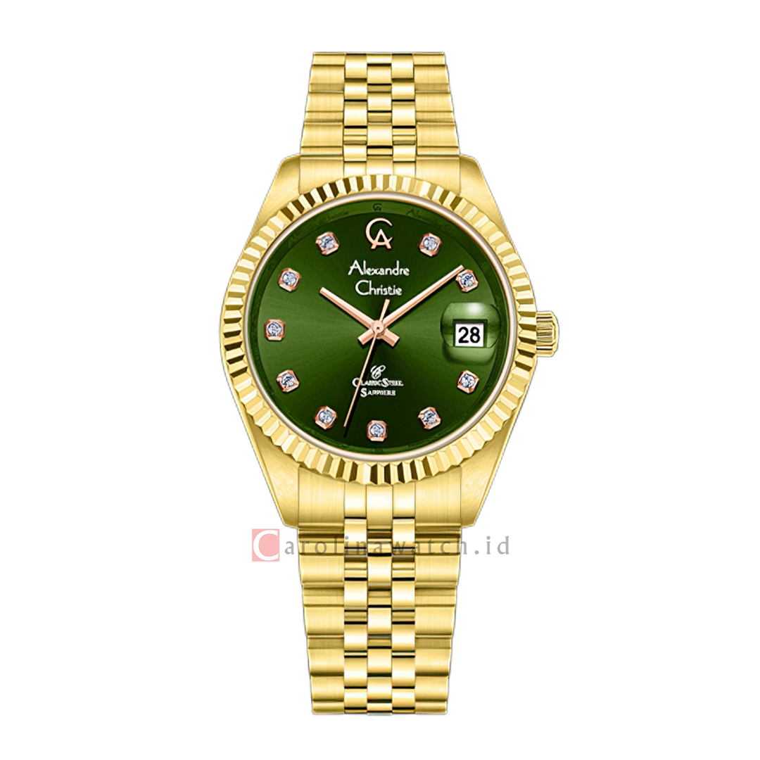 Jam Tangan Alexandre Christie Classic Steel AC 5013 LDBGPGN Sapphire Women Green Dial Gold Stainless Steel Strap