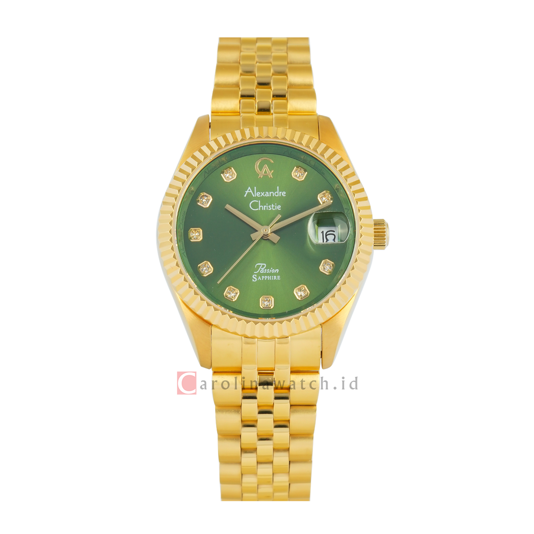 Jam Tangan Alexandre Christie Passion AC 5013 LDBGPGN Sapphire Women Green Dial Gold Stainless Steel Strap