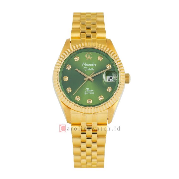 Jam Tangan Alexandre Christie Passion AC 5013 LDBGPGN Sapphire Women Green Dial Gold Stainless Steel Strap