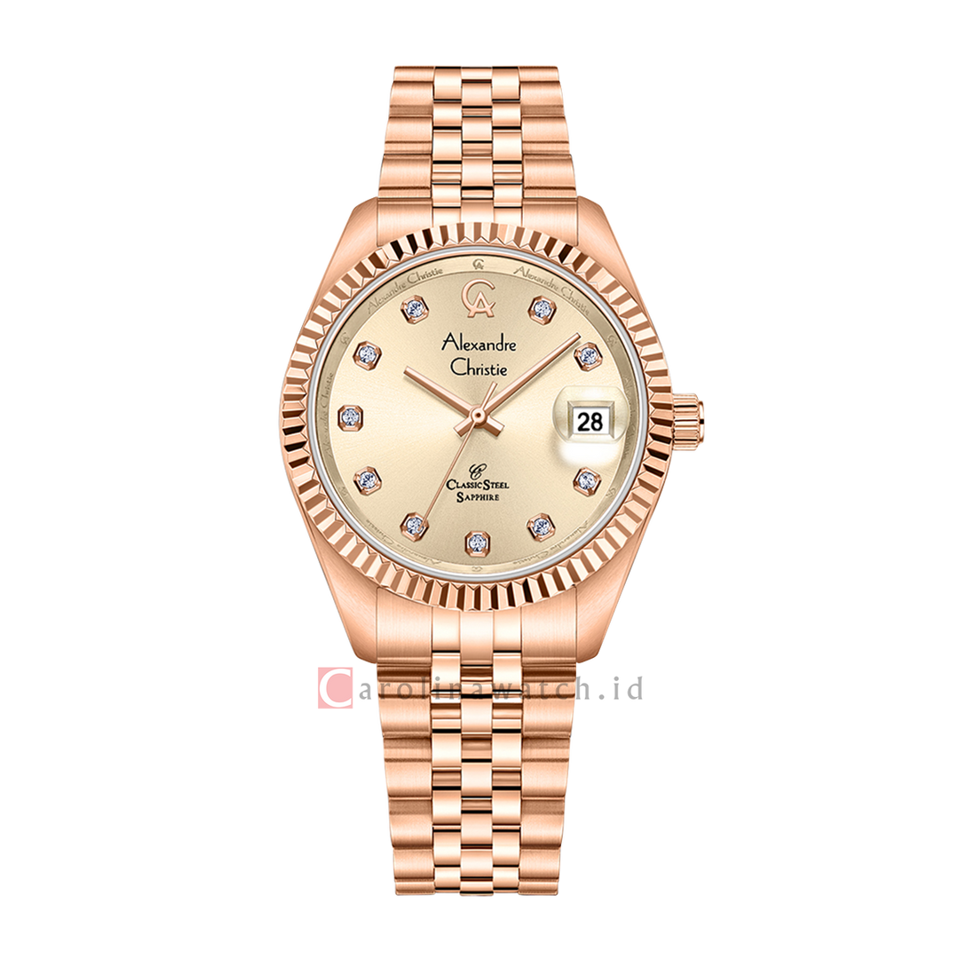 Jam Tangan Alexandre Christie Classic Steel AC 5013 LDBRGLN Sapphire Women Champagne Dial Rose Gold Stainless Steel Strap