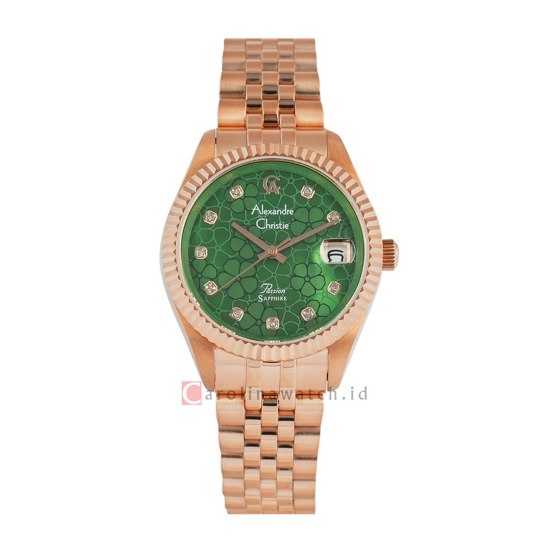 Jam Tangan  Alexandre Christie AC 5013 LDBRGMG1 Women Green Dial Rose Gold Stainless Steel Strap