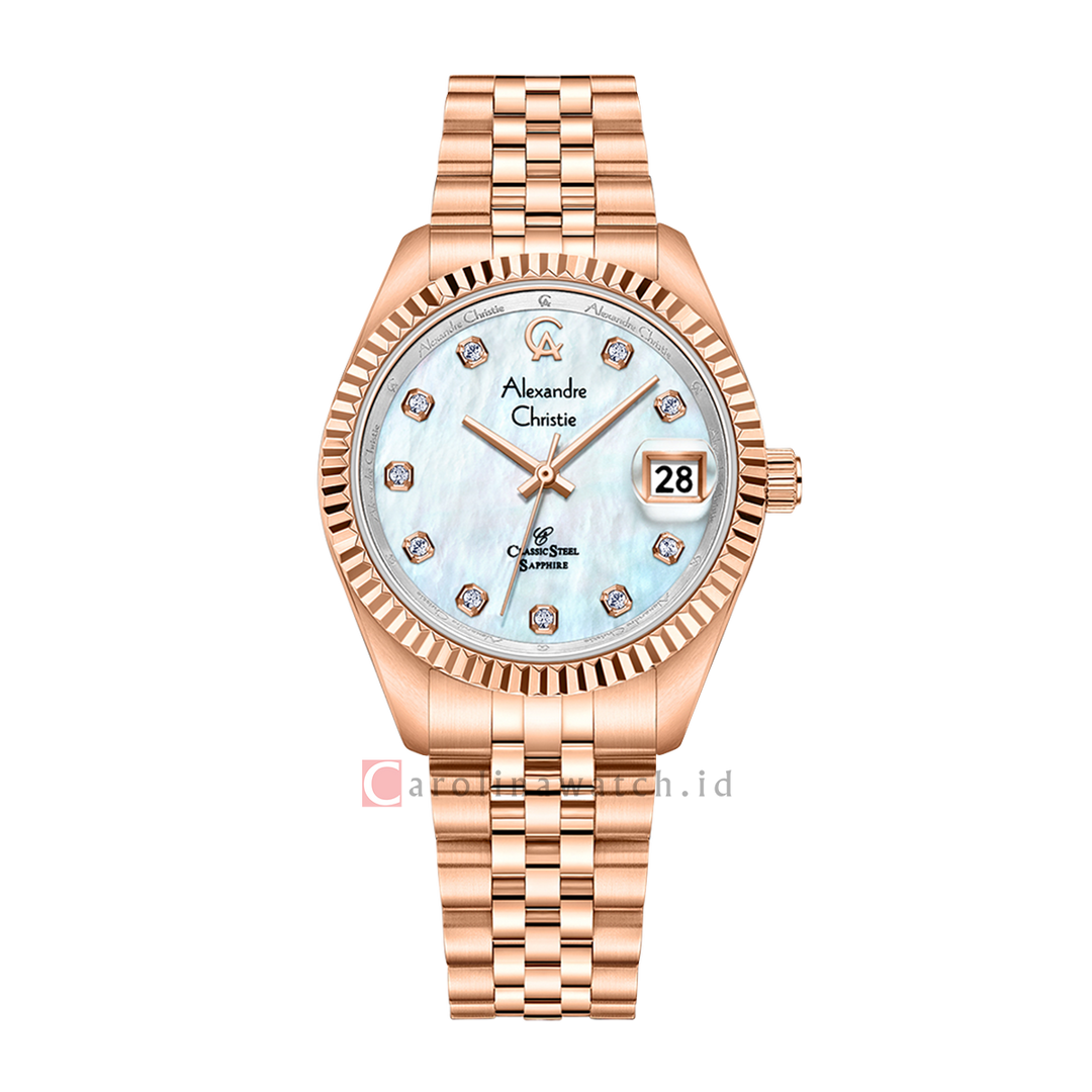 Jam Tangan Alexandre Christie Classic Steel AC 5013 LDBRGMS Sapphire Women White MOP Dial Rose Gold Stainless Steel Strap