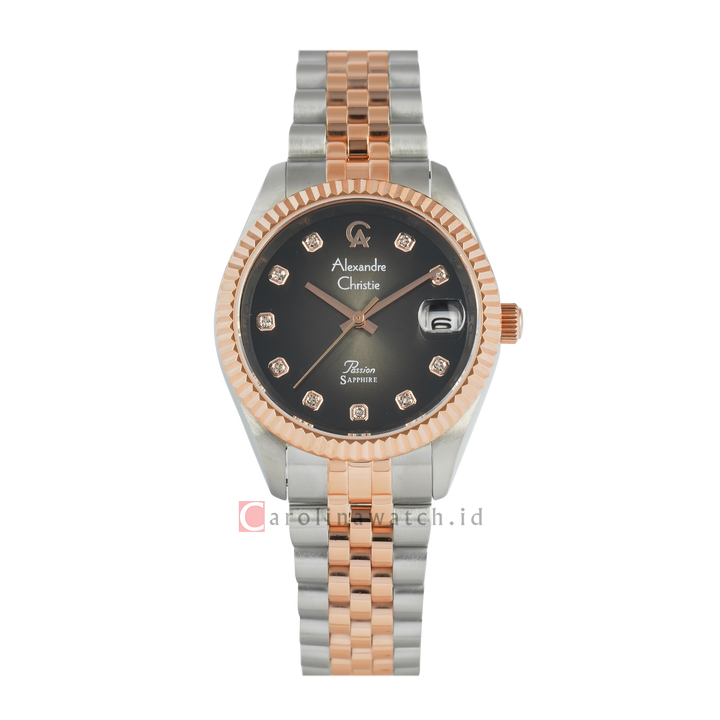 Jam Tangan  Alexandre Christie AC 5013 LDBTRBA2 Women Black Dial Dual Tone Stainless Steel Strap