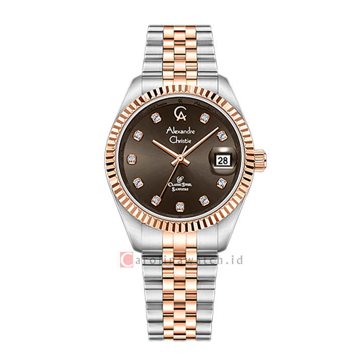 Jam Tangan Alexandre Christie Classic Steel AC 5013 LDBTRBO Sapphire Women Brown Dial Dual Tone Stainless Steel Strap