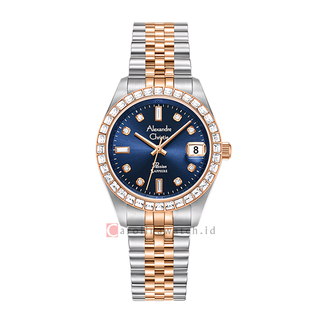 Jam Tangan Alexandre Christie AC 5013 LDBTRBUDR Women Blue Dial Dual Tone Stainless Steel Strap