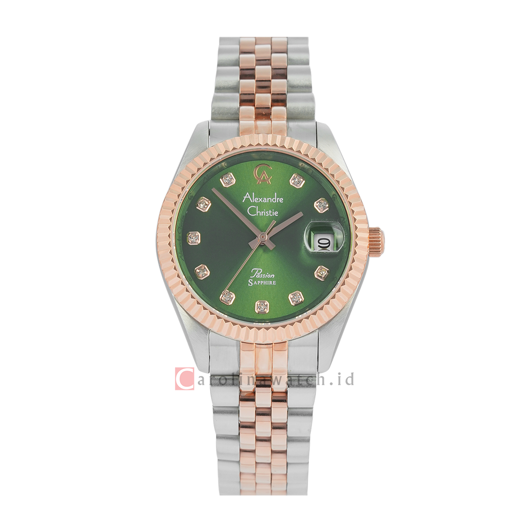 Jam Tangan Alexandre Christie Classic Steel AC 5013 LDBTRGN Sapphire Women Green Dial Dual Tone Stainless Steel Strap