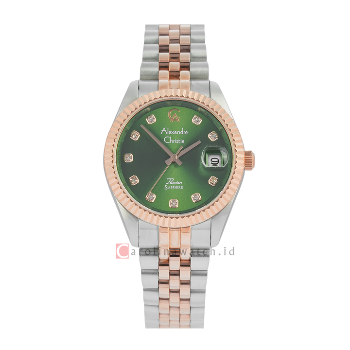 Jam Tangan Alexandre Christie Classic Steel AC 5013 LDBTRGN Sapphire Women Green Dial Dual Tone Stainless Steel Strap