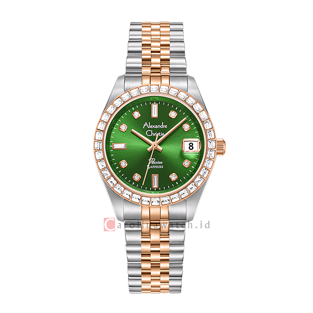 Jam Tangan Alexandre Christie AC 5013 LDBTRGNDR Women Green Dial Dual Tone Stainless Steel Strap