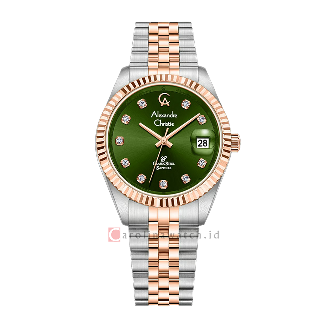 Jam Tangan Alexandre Christie Classic Steel AC 5013 LDBTRGN Sapphire Women Green Dial Dual Tone Stainless Steel Strap