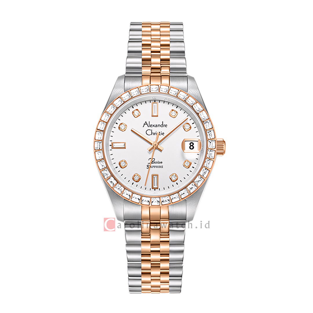 Jam Tangan Alexandre Christie AC 5013 LDBTRSLDR Women Silver White Dial Dual Tone Stainless Steel Strap