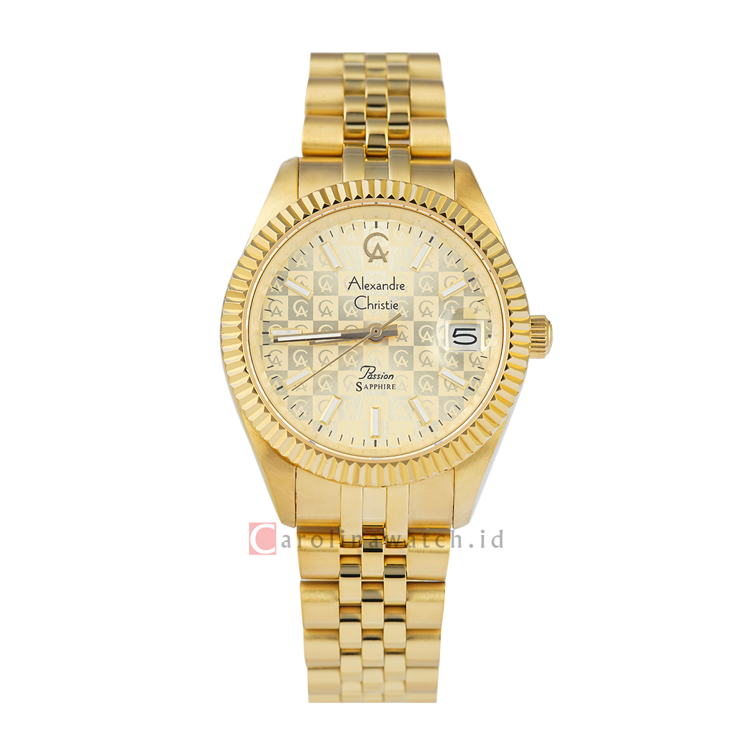 Jam Tangan Alexandre Christie Passion AC 5013 MDBGPIV Sapphire Men Champagne Motif Dial Gold Stainless Steel Strap