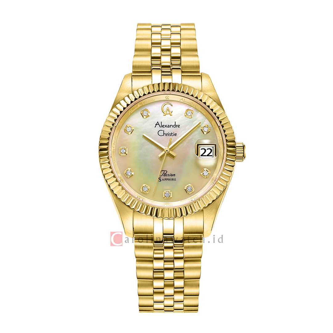 Jam Tangan Alexandre Christie Passion AC 5013 MDBGPMI Sapphire Men Gold MOP Dial Gold Stainless Steel Strap